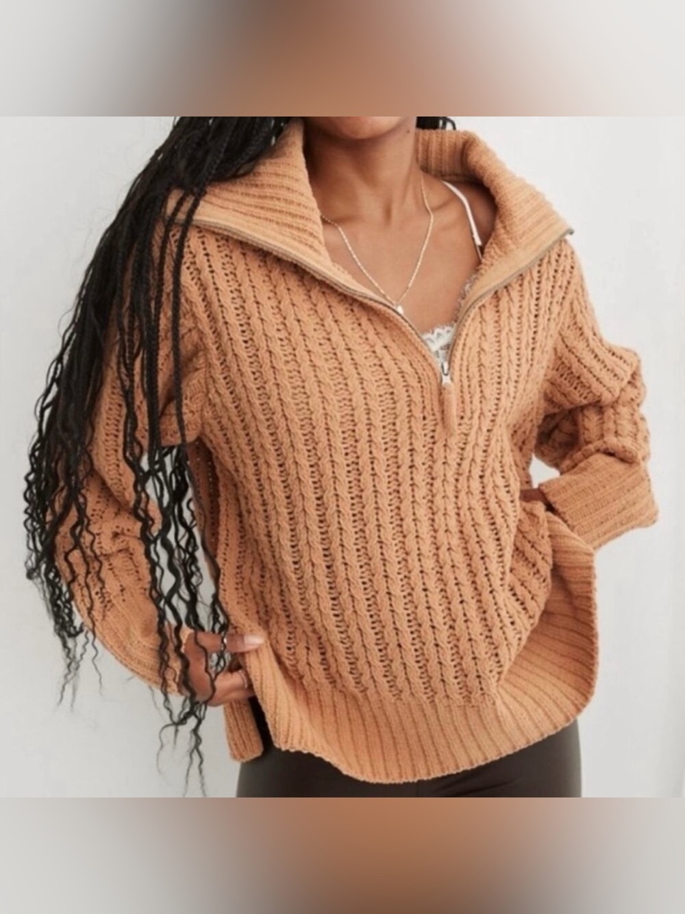Aerie Sweater Quarter Zip Chunky Knit Oversized Camel Size Medium